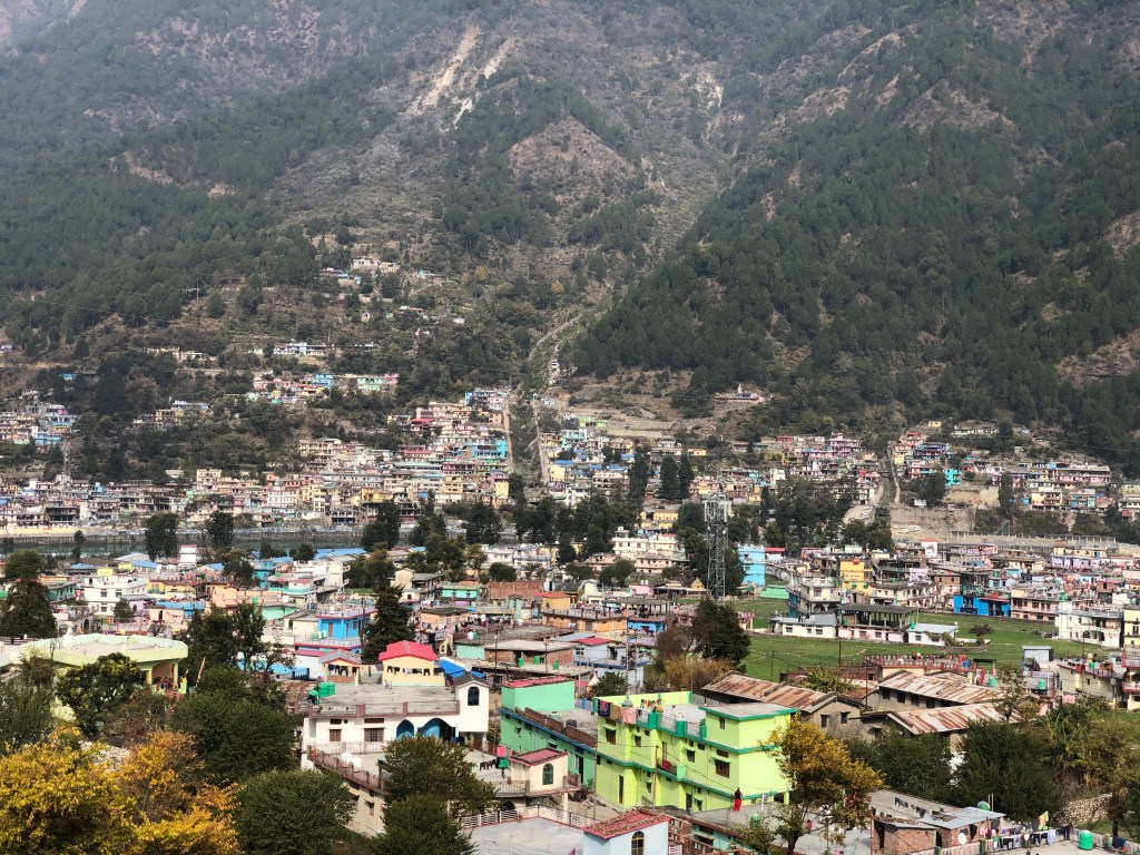 Uttarkashi town and the varuna parvat forming its background. Bhagirathi river is flowing through this holy town