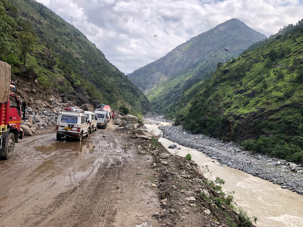Road condition ahead of Dharchula, Pithoragarh (Uttarakhand). Kali River flowing alongside. Nepal territory across the river.