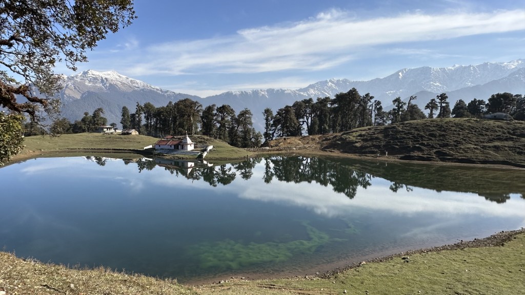 Mahasar Tal and the temple dedicated to Nag Devta. Located in district Tehri Garhwal (Uttarakhand). 