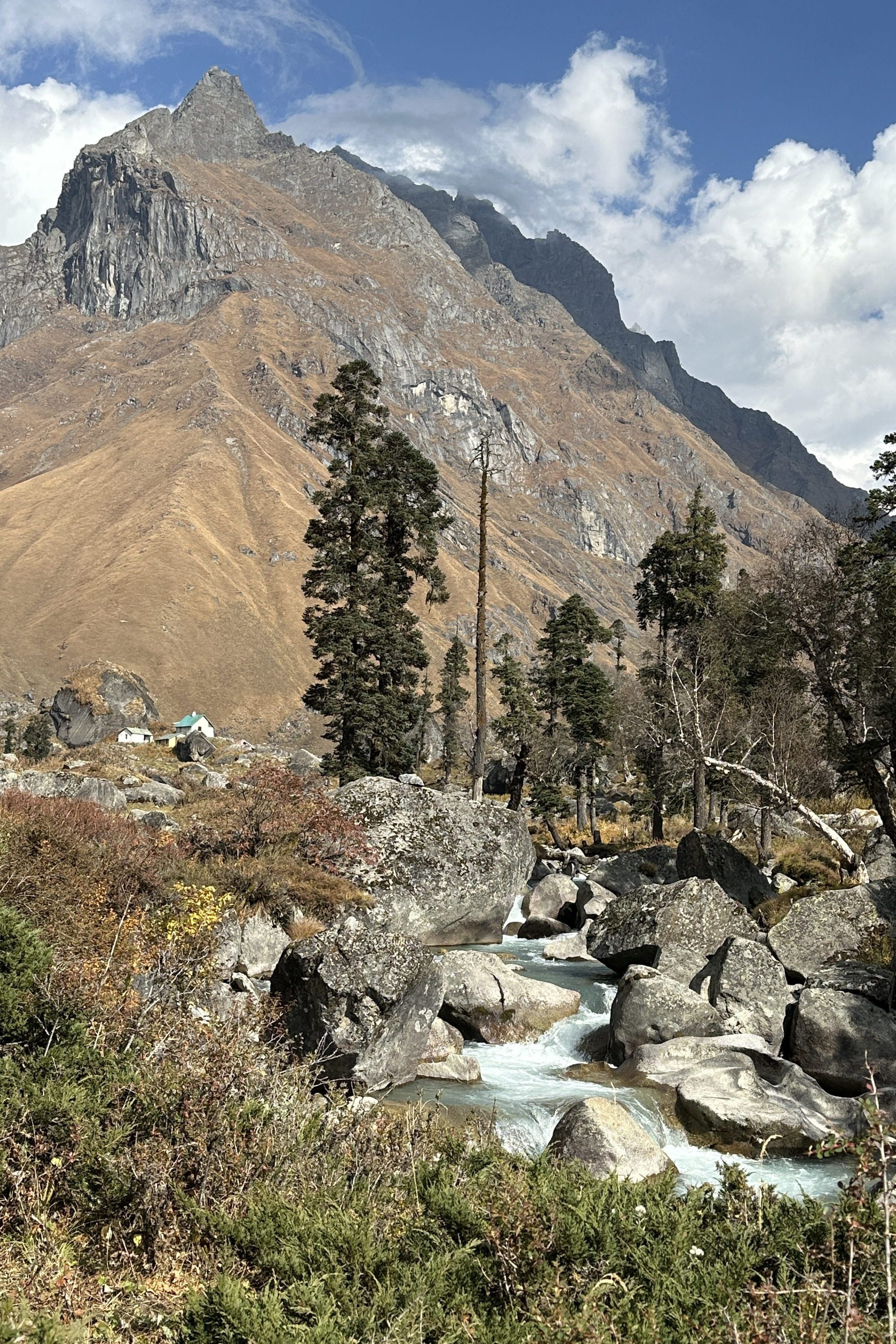 Har Ki Doon peak visible in the distance. Clear waters of the Supin River tumbling down the rocks. Forest Rest House hut visible in the photo. District Uttarkashi, Uttarakhand. 
#harkidoonvalley #treksinUttarakhand