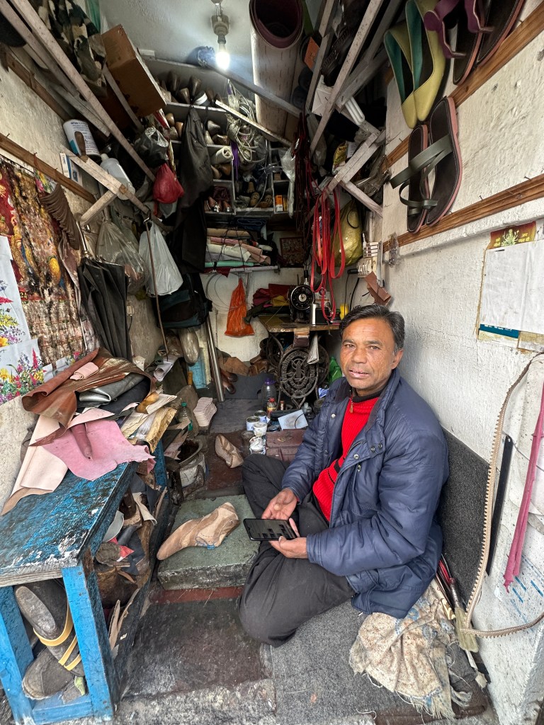 Ashok Shoe Maker. buy authentic hand made leather shoes. this is a brogues shoe being made by Ashok Kumar. Located in Landour Mussoorie. Local shops of Mussoorie.