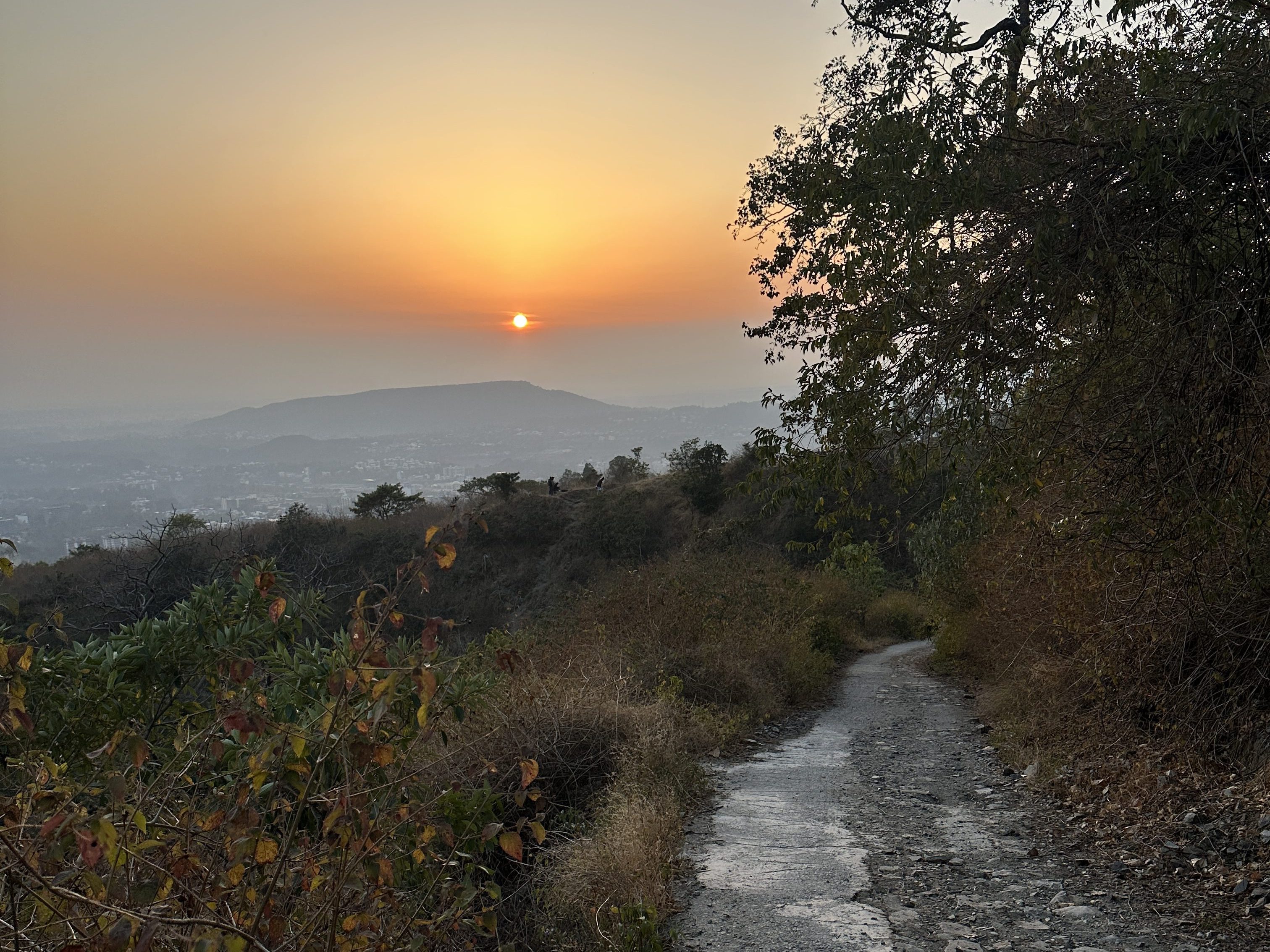 the evening sun, as it sinks low on the horizon, looks serene and calm in its orangish glow. In this frame, it is tucked just above the Ghangora hill. As we cascade down from Mussoorie to our base at Shehenshahi Ashram, this moment perfectly sums up our walk. #eveningsun #sunsetglow #mussooriewalks #kairwaangaon #shehenshahiashram #doonvalley #sunsetdiaries #hillvibes