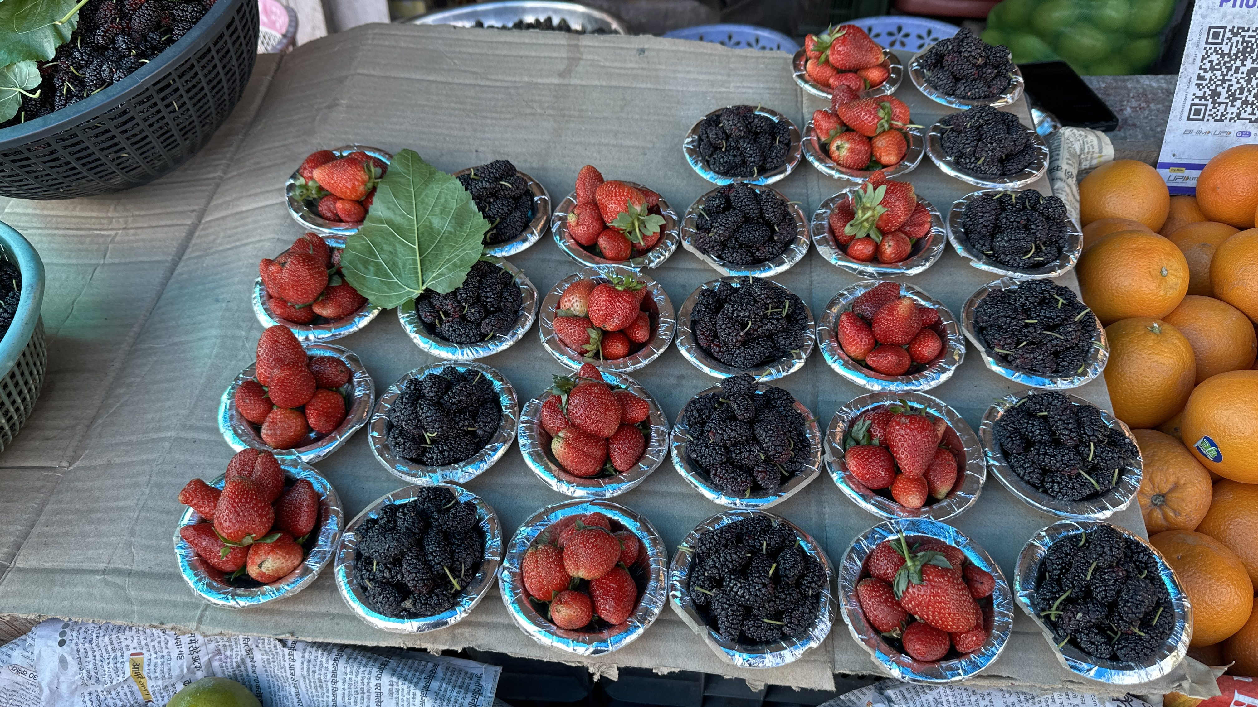 Season's offerings at Dogaon, fresh strawberries and shehtoot (Black mulberries), enroute to Nainital. Delicious they were. #Dogaon #Strawberries #Shehtoot #BlackMulberries #SeasonalFruits #NainitalRoadTrip #Kumaon #Uttarakhand #Pahad #MountainJourney #TravelDiaries #RoadToNainital #SummerInKumaon #MemoriesOfUttarakhand