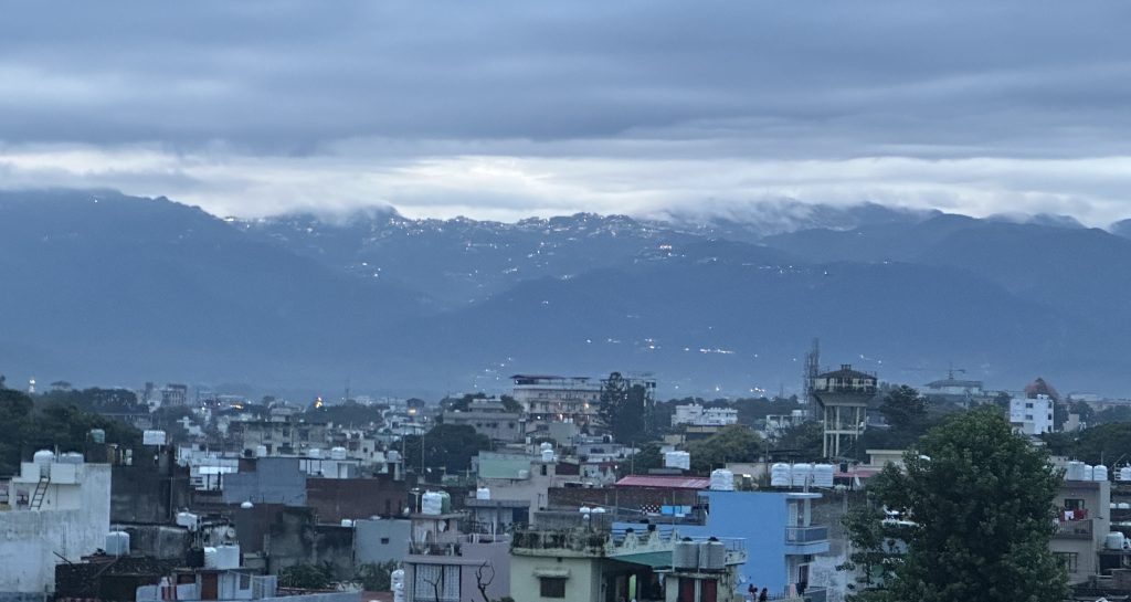 View of Mussoorie from my balcony in Dehradun. picture of the Monsoon season with dark clouds hovering above the Mussoorie ridge. what a lovely weather. Uttarakhand, monsoon time.